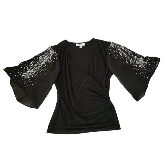Chaus Womens Sheer Black Top With Rhinestone Embellishments - Picture 2 of 4